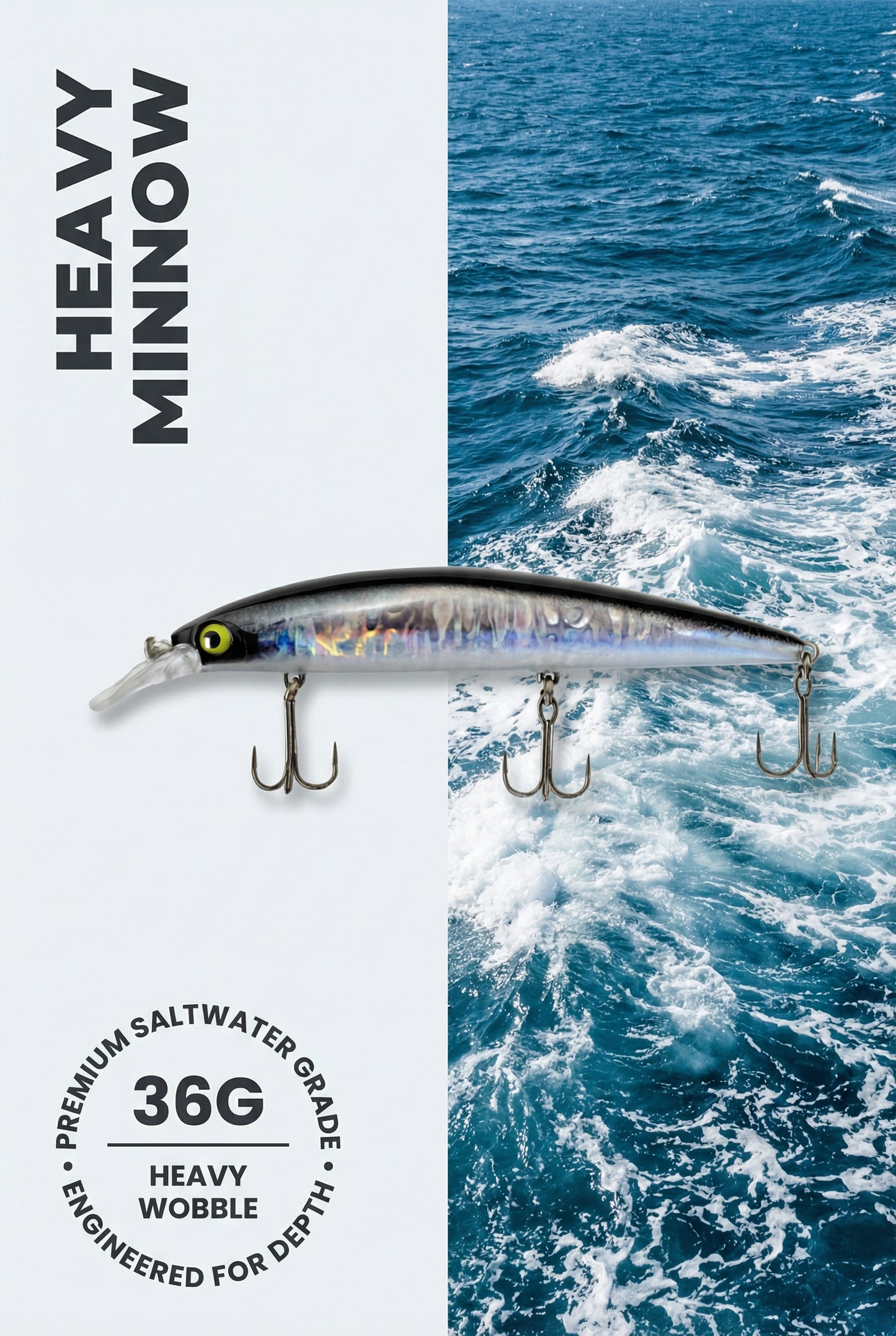 Minnow Premium Fishing Lure Sinking Heavy Wobble Black and Silver